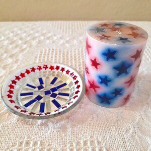 NOS Americana Red White Blue Star Pillar Candle + Mosiac Glass Pillar Holder